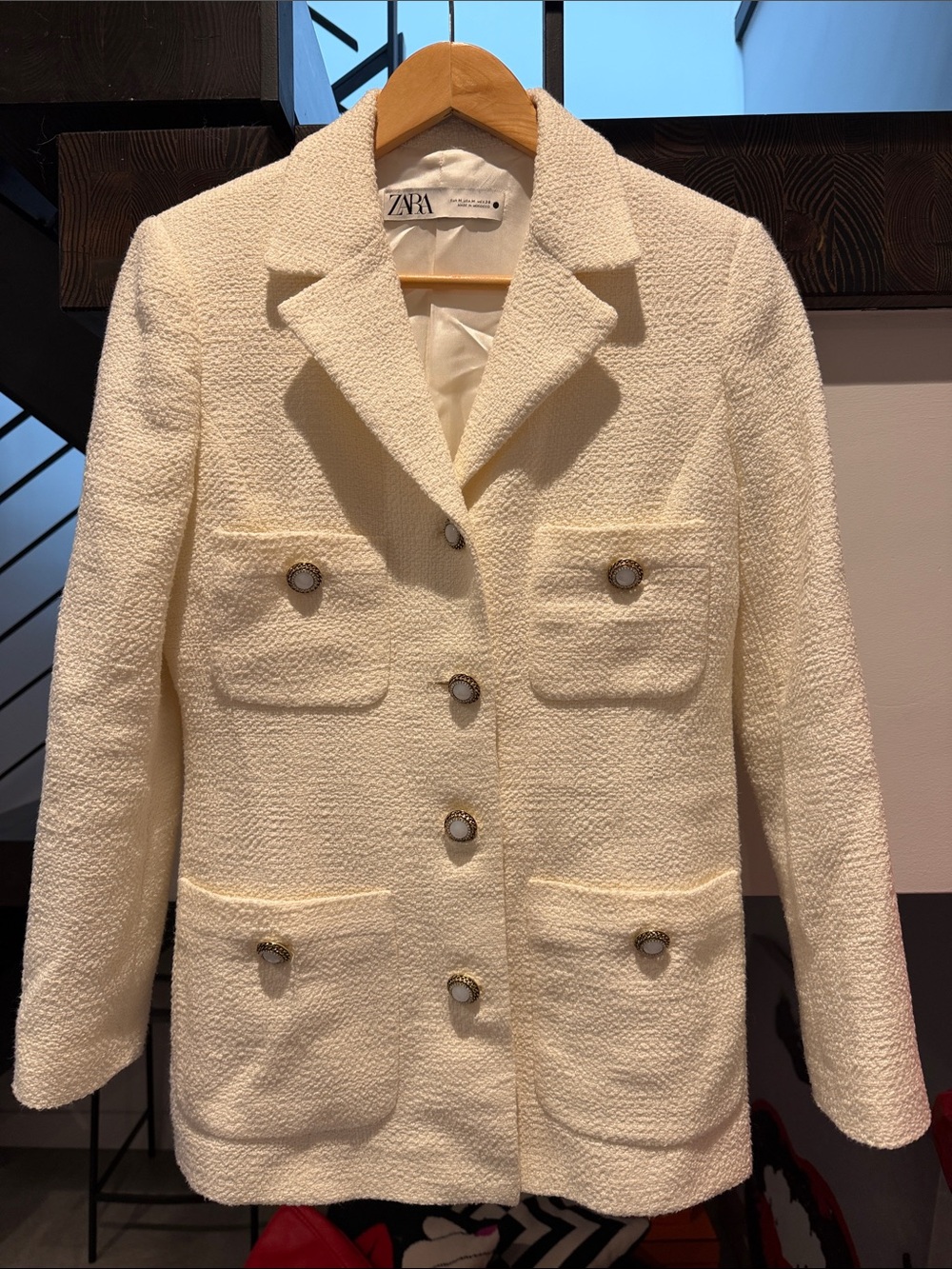 ZARA Cream Bouclé Pocket Blazer Jacket